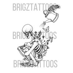 a drawing of a skeleton sitting on top of a chair with flowers and butterflies flying around