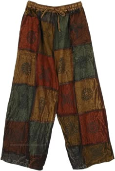 Deep-colored, casual, and stylish, these boho hippie pants with side pockets are perfect for your next adventure day out! The patchwork style has a harmonious combination of dark shades of browns and greens. The elastic drawstring waist ensures comfort, and the loose pants have assorted hippie-style symbols which look unique. #tlb #SplitSkirtsPants #Patchwork #JuniorPetite #bohemianfashion #Handmade #Patchworkcottonpants #hippiecottonpants The Little Bazaar Pants, Festival Brown Patchwork Bottoms, Hippie Brown Bottoms For Fall, Brown Patchwork Pants For Fall, Brown Patchwork Long Pants, Hippie Style Brown Bottoms For Festival, Brown Hippie Bottoms For Festival, Hippie Style Brown Festival Bottoms, Brown Hippie Pants With Pockets