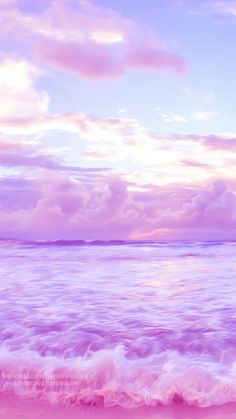 the ocean is pink and blue with white clouds