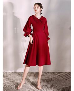 Shop retro collar tea length a line burgundy dress with flare sleeves online. All instock with free shipping. Pro since 2009. Fitted Red Long Sleeve Dress For Fall, Fitted Red Long Sleeve Dress For Winter, Fitted Long Sleeve Mid-length Dress For Spring, Semi-formal V-neck Midi Dress For Fall, Fall Semi-formal V-neck Midi Dress, Fitted Red Long Sleeve Spring Dress, Semi-formal Fall A-line Midi Dress, Fall Semi-formal A-line Midi Dress, Semi-formal A-line Midi Dress For Fall