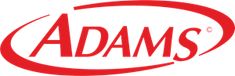 the adamss logo is shown in red