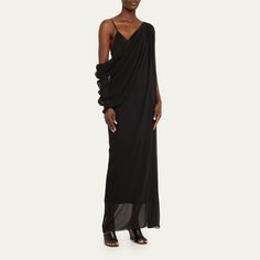 Khaite "Taj" dress with a draped detail Asymmetric neckline Sleeveless Column silhouette Full length Silk Dry clean Made in USA Draped Silk Dress, Long Drapes, Conceptual Fashion, Asymmetric Neckline, Asymmetrical Neckline, Draped Dress, Silk Dress, The Dress, Full Length