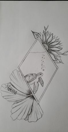 a pencil drawing of a turtle in a frame with flowers on it's back