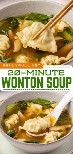 wonton soup in a bowl with chopsticks on the side and an advertisement for wonton soup