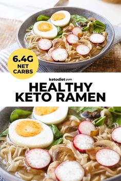 healthy keto ramen with hard boiled eggs and radishes