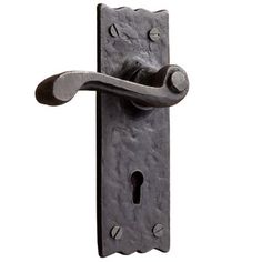 an iron door handle with a keyhole on the front and side of it, isolated against a white background