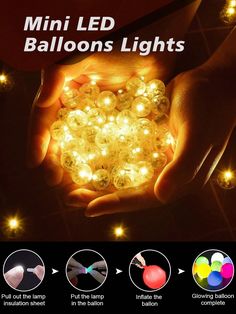 mini led balloons lights in the palm of someone's hand with different colors and sizes