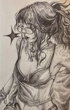 a drawing of a woman with long hair and glasses on her face, holding a knife