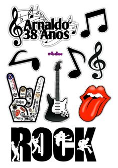 various stickers with the words rock and musical notes on them, including an electric guitar