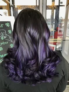 Purple Hair Designs, Dark Brown Purple Hair Ombre, Purple Ombre On Black Hair, Purple Hair Ends, Purple Bayalage Hair, Black To Purple Ombre Hair, Purple Hair Ends Brown, Half Purple Hair, Purple Halo Hair