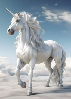 a white unicorn standing on top of a sandy beach next to the ocean and clouds