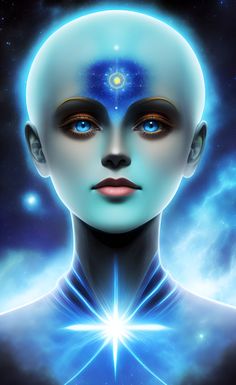 an alien woman with blue eyes and stars in the background