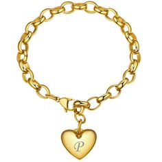 PRICES MAY VARY. 💖Gold Bracelets for Women -- Hypoallergenic, Made of 316L stainless steel with 5 layers shiny 18k gold plated mirror finish, last for long time. 💗MY HEART WILL GO ON : Keep your love close at her hand, a great sentimental jewelry gifts for loved one, telling them -- YOUR HEART WILL GO ON , just like the heart charm bracelet will accompany them at any time. Solid heart design, wear lasting always . 📌SIZE --Heart charm pendants: 18 mm x 20mm x5.3mm ✓Chain Length: 220mm✓Chain wi Letter Charm Bracelet, Mother Daughter Bracelets, Bff Bracelets, Sentimental Jewellery, Bracelets Adjustable, Letters Alphabet, Jewelry Heart, Gold Bracelet For Women, Black Bracelets