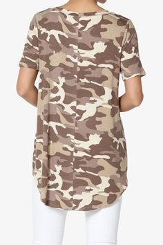 This camo-printed top is a surprisingly versatile piece you'll want to wear with everything. Add a touch of trend-right camo to your off-duty wardrobe with this soft, comfy jersey tee. Tuck in to denim or leather pants, versatile cool-girl silhouette that go from day to night with ease.V-Neck, Short SleevesCurved hem, Extended length for cover your hipLightweight soft & comfy stretchy jersey knit fabricSize Guide : Fits true to US size, take your normal sizeModel size : 5'3" height, 34" bust, 24 Khaki Military Top With Relaxed Fit, Trendy Camouflage Crew Neck T-shirt, Casual Camouflage Fall Tops, Spring Casual Camouflage T-shirt, Camouflage Military Short Sleeve Tops, Casual Camouflage Short Sleeve Tops, Military Style Camouflage Short Sleeve Tops, Khaki Military Style Summer Top, Casual Camouflage T-shirt For Spring