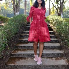 Red Polka Dot Linen Dress, Hand block print dress, Pleated dress, Made to order, Custom made, Plus size-Model height: 5'3" wearing size S-Length: 36"-Tie-up sleeve-Shell button Red Cotton Block Print Dress, Red Cotton Knee-length Dress, Red Knee-length Cotton Dress, Fitted Casual Block Print Dress, Casual Fitted Block Print Dress, Fitted Red Block Print Dress, Red Fitted Block Print Dress, Red Printed Cotton Dress, Red Block Print Summer Dress