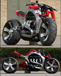 two pictures of a red and silver motorcycle with big wheels on it's tires