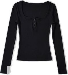 Black Fitted Buttoned T-shirt, Fitted Black T-shirt With Buttons, Fitted Button T-shirt For Fall, Fitted T-shirt With Buttons, Fitted Solid Color T-shirt With Buttons, Fitted Buttoned T-shirt For Fall, Fitted Fall T-shirt With Buttons, Black Henley Neckline Top For Fall, Black Henley Neckline Top With Buttons