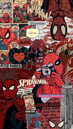 spider - man collage with many different pictures and words on the side of it