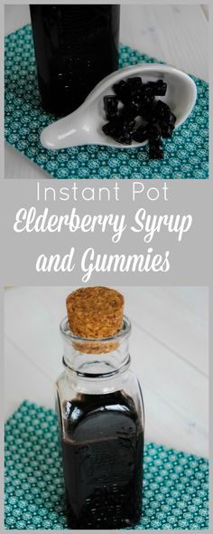 the ingredients for elderberry syrup and gummies are shown in this collage with text that reads instant pot elderberry syrup and gum and gums