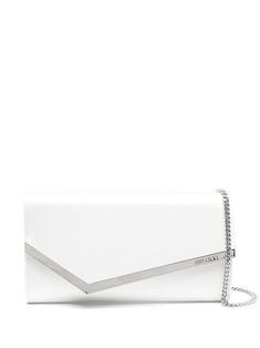 ivory white satin finish envelope design detachable chain-link shoulder strap logo-engraved silver-tone hardware main compartment internal zip-fastening pocket internal card slots internal logo stamp full lining foldover top with magnetic fastening This piece comes complete with a protective dust bag. Satin Clutch, White Clutch, Envelope Design, Demi Fine Jewelry, Silver Engraving, Fine Watches, Evening Clutch Bag, Logo Stamp, Fine Earrings