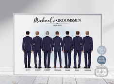 a group of men standing next to each other in front of a white wall with the words michael's groomsmen on it