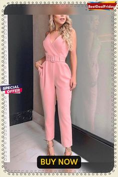 Cami V Neck Tight Waist Plain Jumpsuit P8442685815 Plain Jumpsuits, Pink Jumpsuit, Fabric Names, Color Rosa, Going Out, Jumpsuit, Rompers, Solid Color, Sweatshirts Hoodie