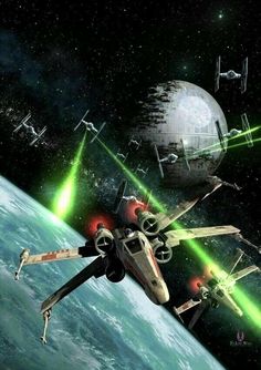 an artist's rendering of a star wars battle in space with lights coming from them