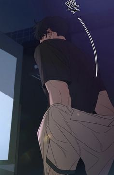 an anime character with his back to the camera, looking down at something in the air