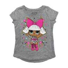 She will love wearing this cute gray glitter short sleeved LOL Surprise! Diva t-shirt! Girl's sizes 60% cotton, 40% polyester Made in China Size: 4.  Gender: female.  Age Group: kids. Trendy Short Sleeve T-shirt With Glitter Print, Cute Gray Top With Graphic Print, Cute Crew Neck Top With Glitter Print, Cute Gray Short Sleeve T-shirt, Gray Graphic Tee With Character Print, Cute Cotton T-shirt With Glitter Print, Pink Glitter Print Short Sleeve T-shirt, Cotton Short Sleeve T-shirt With Glitter Print, Short Sleeve Cotton T-shirt With Glitter Print