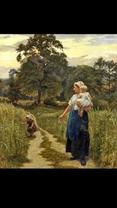 a painting of two women walking down a path in a field with trees and grass