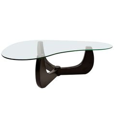 an oval glass table with black metal legs and a curved base, on a white background