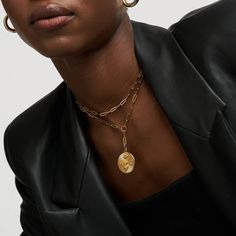 Tyra Initial Medallion Necklace - Gold Vermeil-1 Luxury Pendant Chain Necklace With Charms, Luxury Oval Charm Necklaces, Luxury Oval Charms Necklaces, Luxury Oval Charms Necklace, Luxury Oval Necklaces With Charms, Elegant Medallion Necklace With Cable Chain, Elegant Necklace With Coin Pendant, Elegant Oval Pendant Medallion Necklace, Tarnish Resistant, Elegant Oval Medallion Necklace Tarnish Resistant