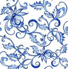 blue and white floral design with swirls on the edges, in an ornate manner