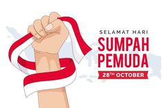 a hand holding a red ribbon with the words selamat har sumpah pemua on it