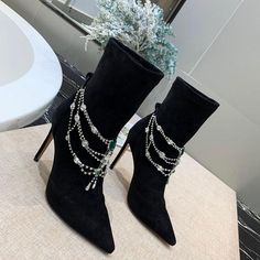 "Boots Hi-Heels "Maharajah"-Boots-Pisani Maura-Black suede-35-Pisani Maura" Luxury High-top Heeled Boots, Luxury Formal Ankle-high Heeled Boots, Luxury Embellished High Heeled Boots, Luxury Evening Boots With 4-inch Heel, Luxury Ankle-high Heeled Boots With Reinforced Heel, Luxurious Shoes, Everyday Heels, Staple Shoes, Stylish Shoes For Women