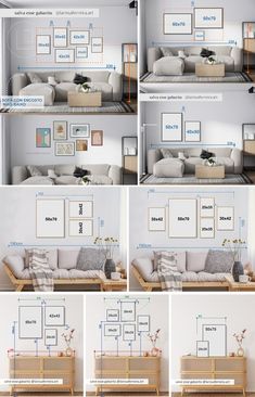 a series of photos showing how to decorate a living room