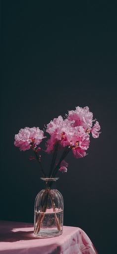 some pink flowers are in a glass vase on a table with a pink cloth and black background