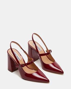 MAEGAN Wine Patent Slingback Heel | Women's Heels – Steve Madden Job Outfits, Block Heel Slingback, Everyday Heels, Shoes Fall, Dr Shoes, Buckle Top, Leather Socks, Europe Trip, Shoe Inspo