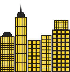 an image of a city skyline with skyscrapers in yellow and black colors on a white background