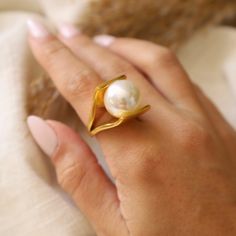 Stainless steel Water resistance Statement Pearl Ring, Round Metal Pearl Ring As Gift, Big Pearl Ring, Big Pearl, Spring 2024, Pearl Ring, Steel Water, Style Board, Gemstone Rings