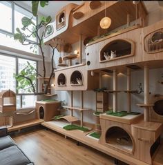 a living room with lots of cat furniture