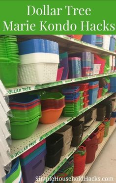 dollar tree marie kondo hacks are stacked on the shelves in a grocery store