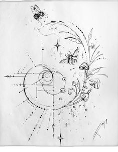 a black and white drawing of a flower with two bees on it's side