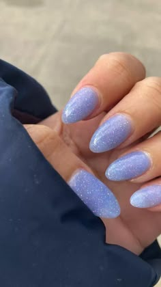 Light Blue Glitter Almond Nails, Alternating Nails Color, Sparkly Gel Nails Almond, Dip Inspo Nails, Sparkle Summer Nails, Sparkly Periwinkle Nails, Nails For A Purple Prom Dress, Nails Acrylic Blue Glitter, Lilac Nails Sparkle