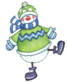 a drawing of a snowman holding an object in his hand and wearing a green sweater