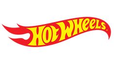 the logo for hot wheels is shown in red and yellow letters on a white background