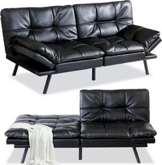 a black leather couch and ottoman with a white blanket on the bottom, and an image of