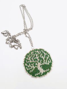 Tree of Life Necklace Miyuki Delica, Beaded Tree Pendant, Nature Themed Charm, Unique Jewelry Gift Idea, Statement Necklace - Etsy Tiny Beaded Round Necklace As Gift, Silver Beads Pendant For Gift, Handmade Nature-inspired Beaded Necklaces As Gifts, Green Silver Beads As A Gift, Nature-inspired Green Beaded Necklaces For Gift, Green Beads With Silver Details For Gifts, Nature-inspired Green Beaded Necklaces As Gifts, Nickel-free Beaded Necklace With Round Pendant For Gift, Nickel-free Beaded Necklaces With Round Pendant For Gifts