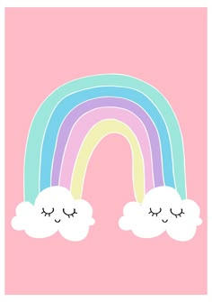 a pink background with two rainbows and clouds