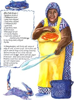 a drawing of an older woman holding a frying pan with lobsters on it